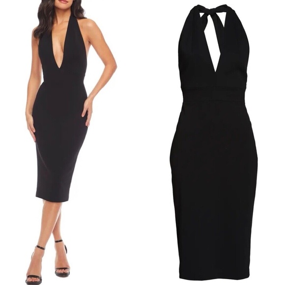 NWT Dress the Population Vanessa Deep Plunging V-Neck Sleeveless Halter Dress M - Picture 2 of 7